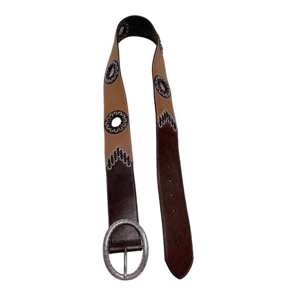 BRIGHTON Women’s 34” Belt Leather Two Tone Brown Boho Cut Outs And Weave Design - Picture 1 of 8